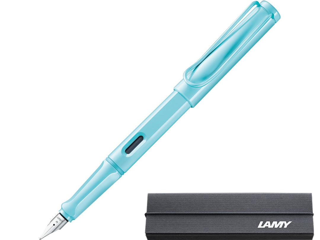 LAMY safari aquasky fountain pen with stainless steel nib, ink window and branded LAMY gift box