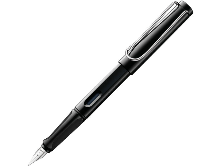 LAMY safari black fountain pen featuring stainless steel nib, ergonomic grip section and wire clip