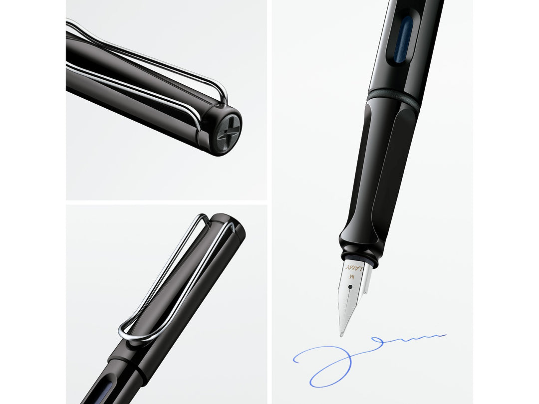 LAMY safari black fountain pen feature collage highlighting stainless steel nib, ergonomic grip, ink level window and signature wire clip