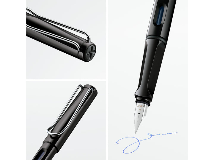 LAMY safari black fountain pen feature collage highlighting stainless steel nib, ergonomic grip, ink level window and signature wire clip
