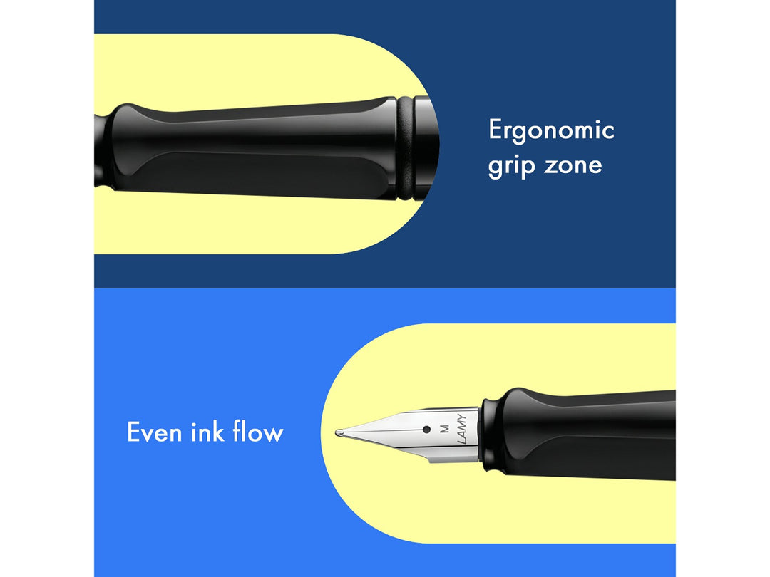 LAMY safari black fountain pen features including ergonomic grip zone, stainless steel nib and smooth ink flow performance