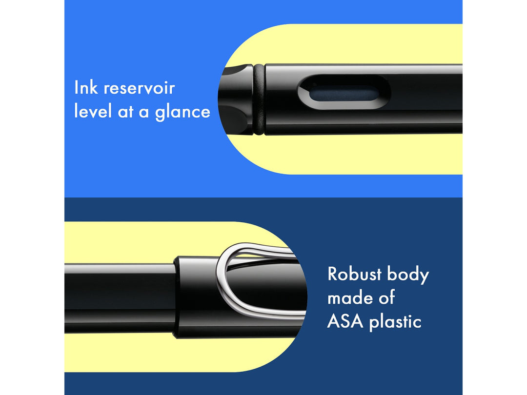 LAMY safari fountain pen Black features including ink level window, ASA plastic body and signature wire pocket clip