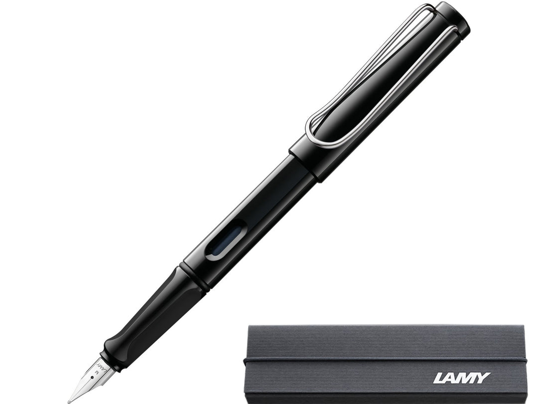 LAMY safari black fountain pen with stainless steel nib, ink window and branded LAMY gift box