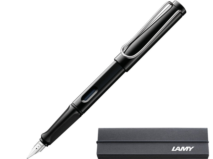 LAMY safari black fountain pen with stainless steel nib, ink window and branded LAMY gift box