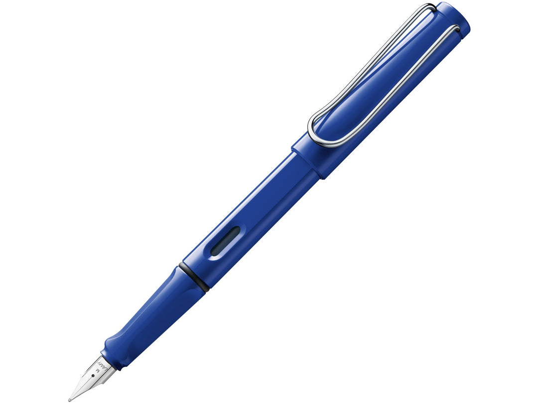 LAMY safari blue fountain pen featuring stainless steel nib, ergonomic grip section and wire clip