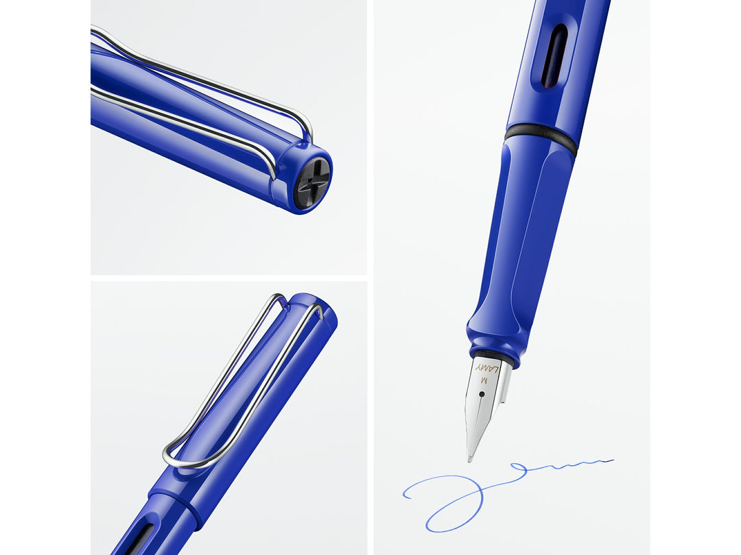 LAMY safari blue fountain pen feature collage highlighting stainless steel nib, ergonomic grip, ink level window and signature wire clip