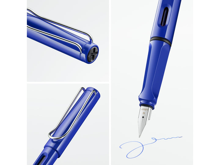 LAMY safari blue fountain pen feature collage highlighting stainless steel nib, ergonomic grip, ink level window and signature wire clip