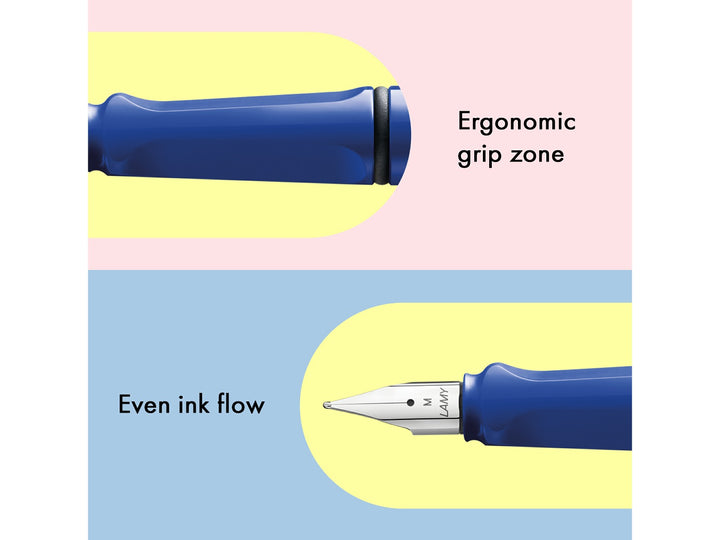 LAMY safari blue fountain pen features including ergonomic grip zone, stainless steel nib and smooth ink flow performance