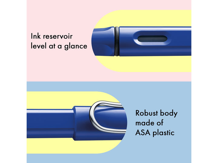 LAMY safari fountain pen Blue features including ink level window, ASA plastic body and signature wire pocket clip