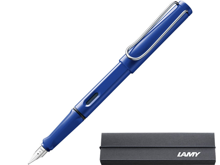 LAMY safari blue fountain pen with stainless steel nib, ink window and branded LAMY gift box
