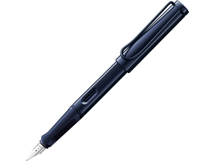 LAMY safari dark dusk fountain pen featuring stainless steel nib, ergonomic grip section and wire clip