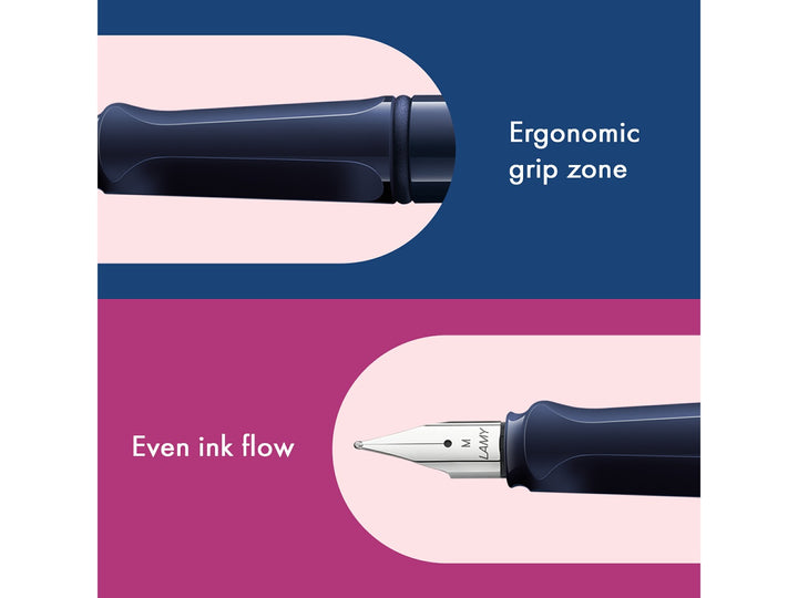 LAMY safari dark dusk fountain pen features including ergonomic grip zone, stainless steel nib and smooth ink flow performance