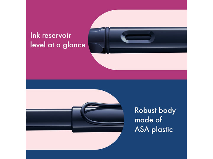 LAMY safari fountain pen Dark Dusk features including ink level window, ASA plastic body and signature wire pocket clip