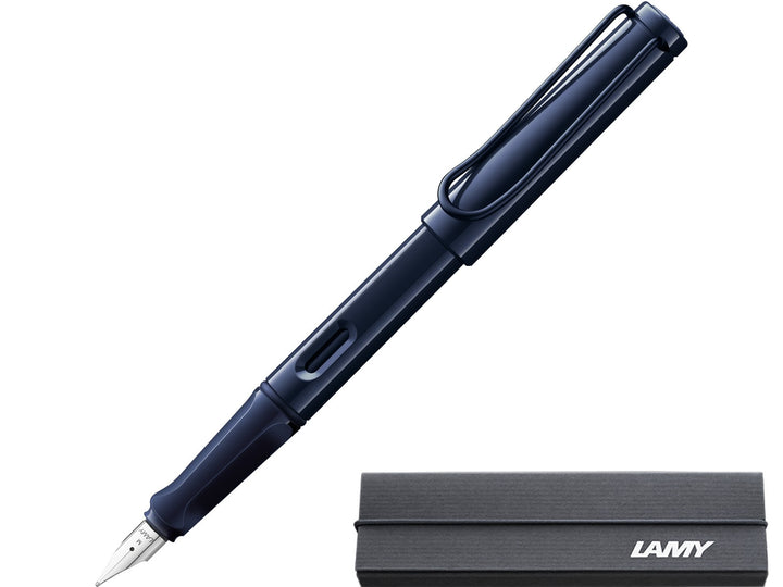 LAMY safari dark dusk fountain pen with stainless steel nib, ink window and branded LAMY gift box