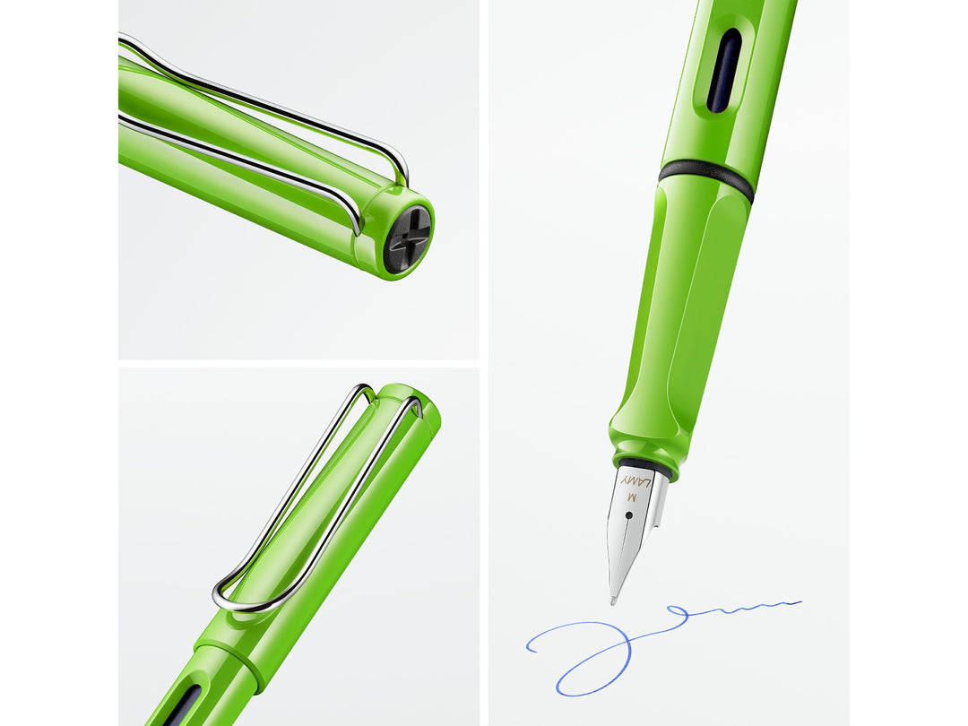 LAMY safari green fountain pen feature collage highlighting stainless steel nib, ergonomic grip, ink level window and signature wire clip