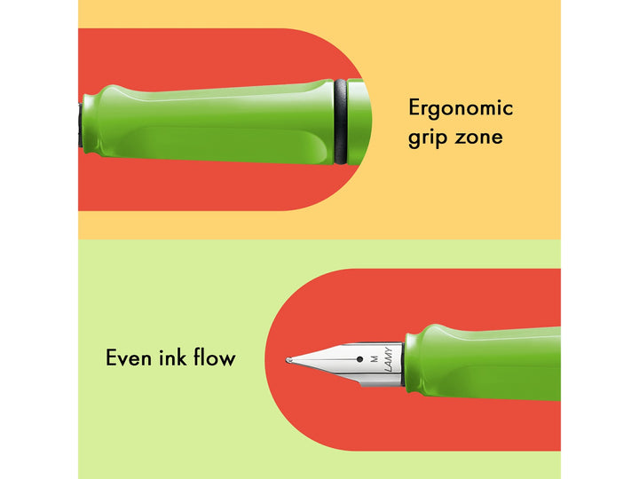LAMY safari green fountain pen features including ergonomic grip zone, stainless steel nib and smooth ink flow performance