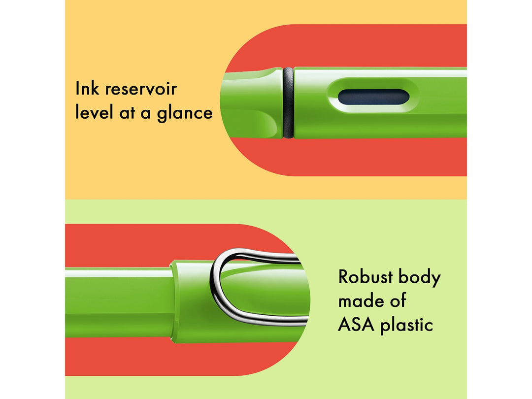 LAMY safari fountain pen Green features including ink level window, ASA plastic body and signature wire pocket clip