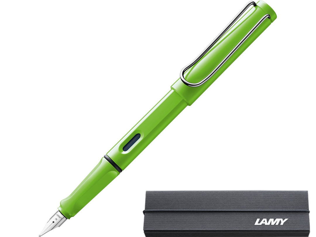 LAMY safari green fountain pen with stainless steel nib, ink window and branded LAMY gift box