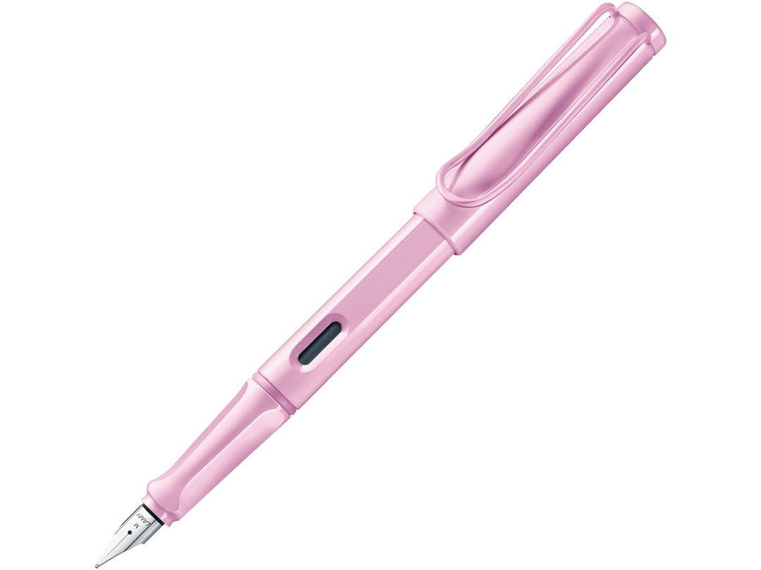 LAMY safari light rose fountain pen featuring stainless steel nib, ergonomic grip section and wire clip