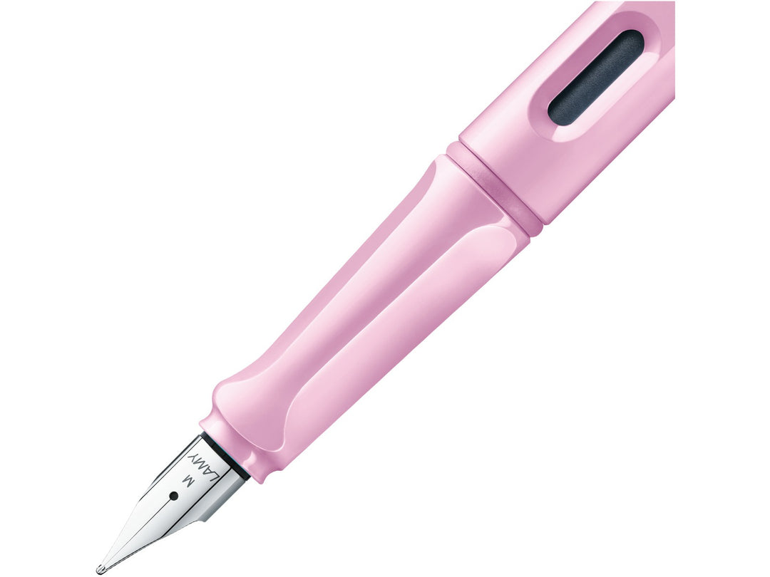 LAMY safari fountain pen Light Rose close-up of stainless steel nib, ergonomic grip and ink level window