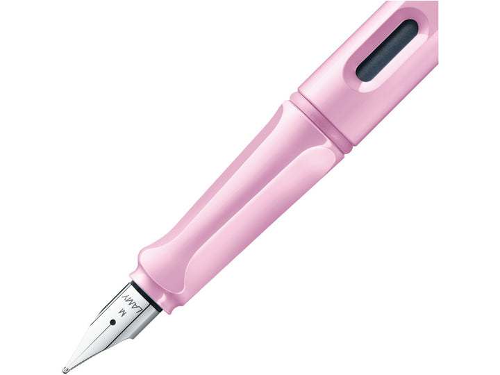 LAMY safari fountain pen Light Rose close-up of stainless steel nib, ergonomic grip and ink level window