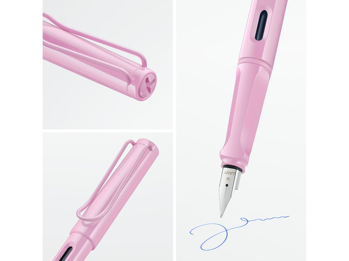 LAMY safari light rose fountain pen feature collage highlighting stainless steel nib, ergonomic grip, ink level window and signature wire clip