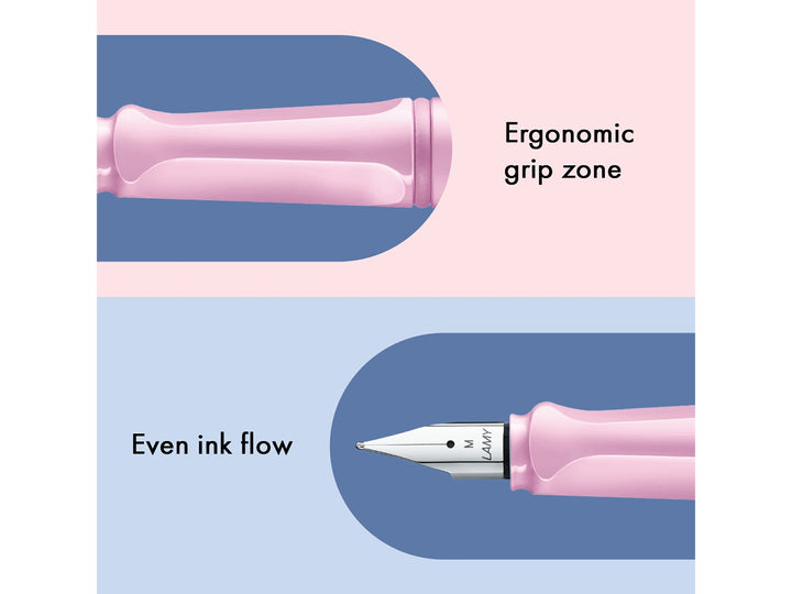 LAMY safari light rose fountain pen features including ergonomic grip zone, stainless steel nib and smooth ink flow performance