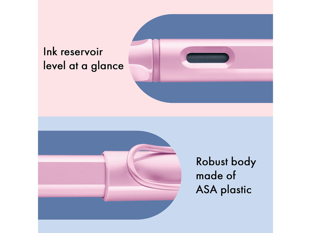 LAMY safari fountain pen Light Rose features including ink level window, ASA plastic body and signature wire pocket clip