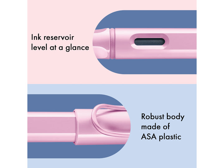 LAMY safari fountain pen Light Rose features including ink level window, ASA plastic body and signature wire pocket clip
