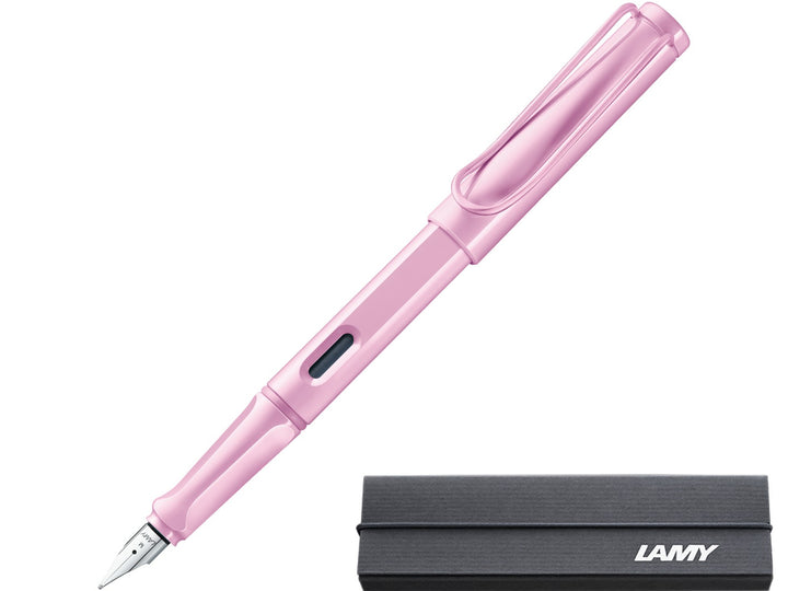 LAMY safari light rose fountain pen with stainless steel nib, ink window and branded LAMY gift box