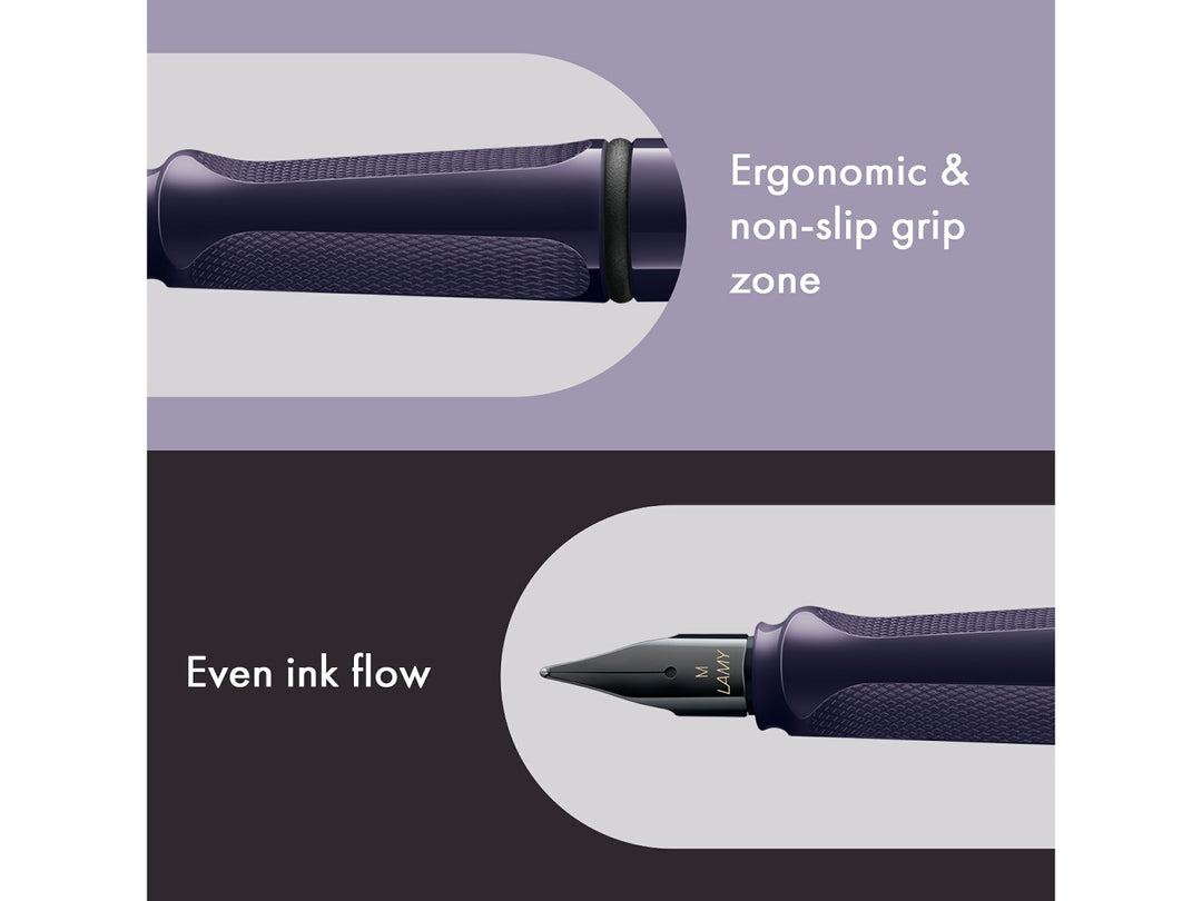 LAMY safari meteora fountain pen features including ergonomic grip zone, black stainless steel nib and smooth ink flow performance
