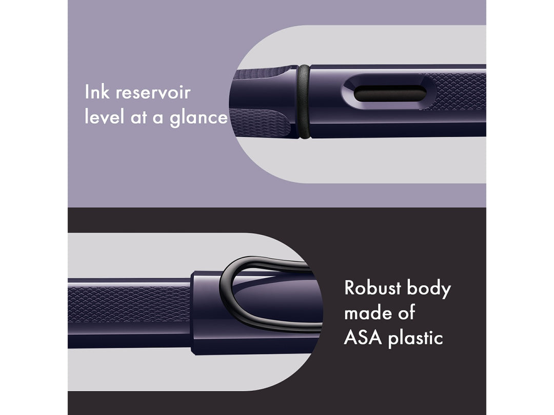 LAMY safari fountain pen Meteora features including ink level window, ASA plastic body and signature wire pocket clip