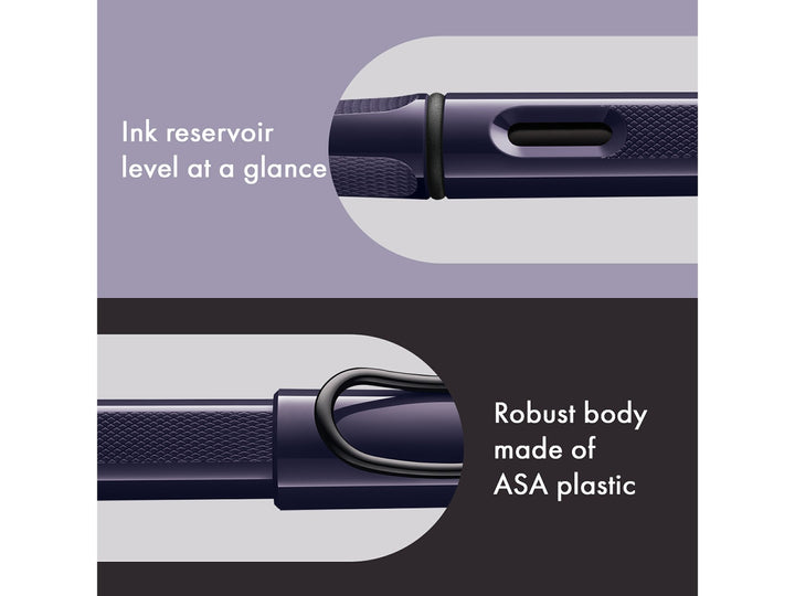 LAMY safari fountain pen Meteora features including ink level window, ASA plastic body and signature wire pocket clip