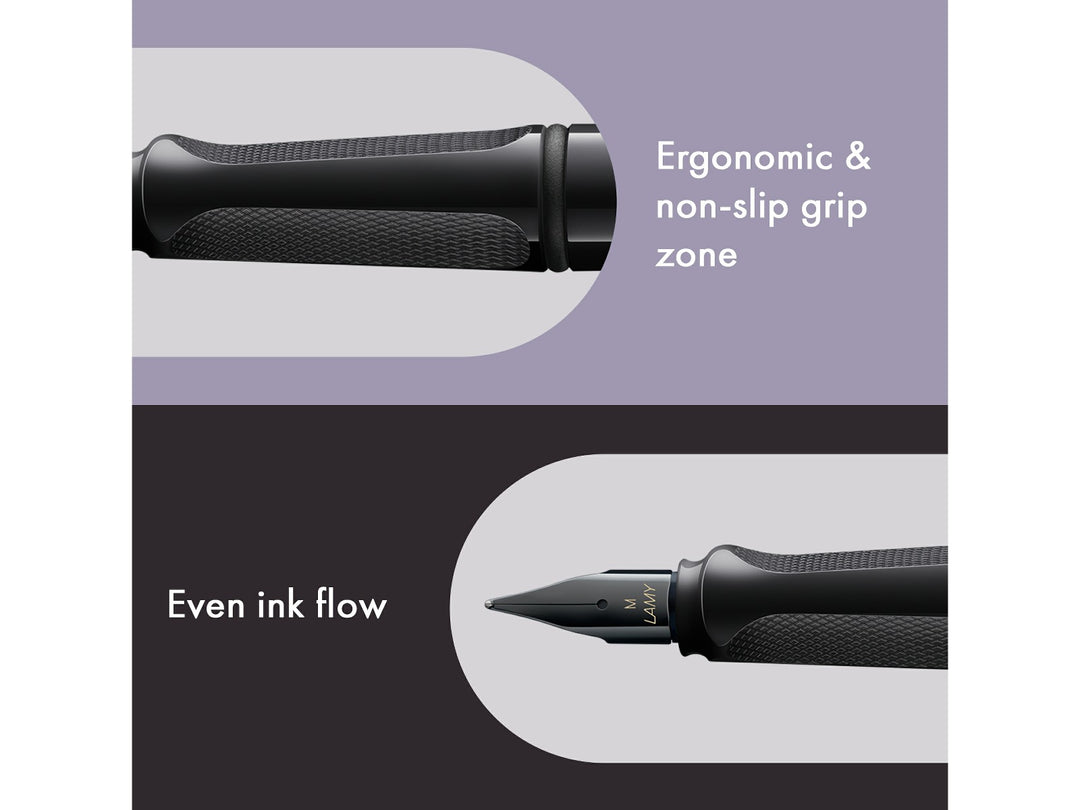 LAMY safari meteorite fountain pen features including ergonomic grip zone, black stainless steel nib and smooth ink flow performance