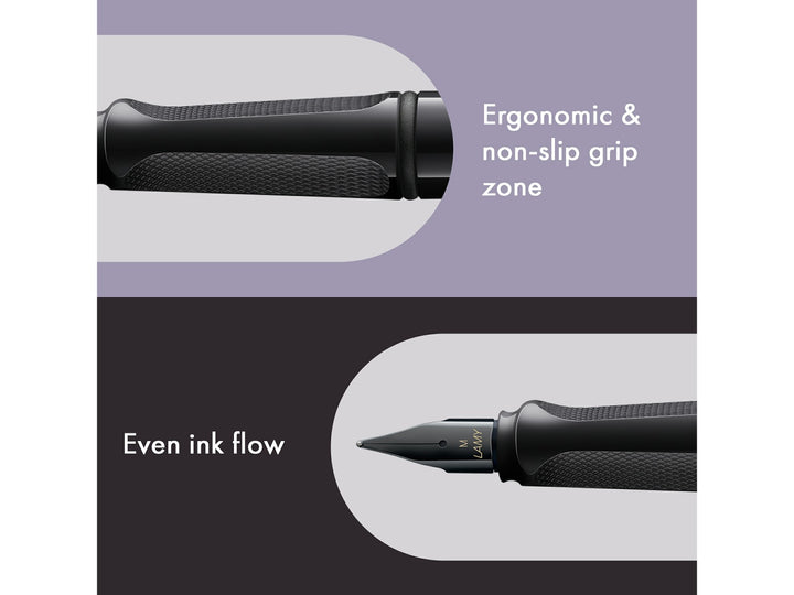 LAMY safari meteorite fountain pen features including ergonomic grip zone, black stainless steel nib and smooth ink flow performance