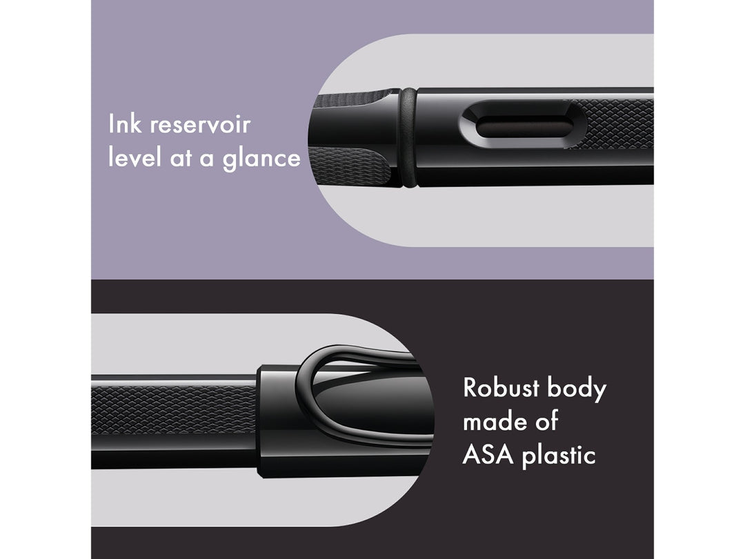 LAMY safari fountain pen Meteorite features including ink level window, ASA plastic body and signature wire pocket clip