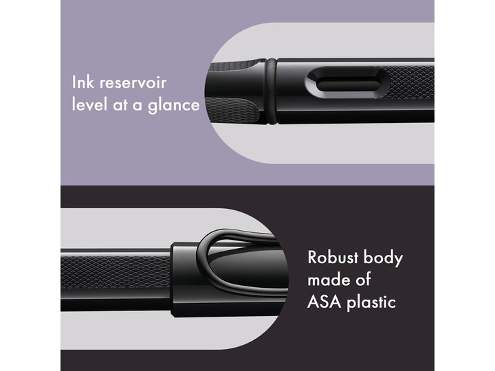 LAMY safari fountain pen Meteorite features including ink level window, ASA plastic body and signature wire pocket clip