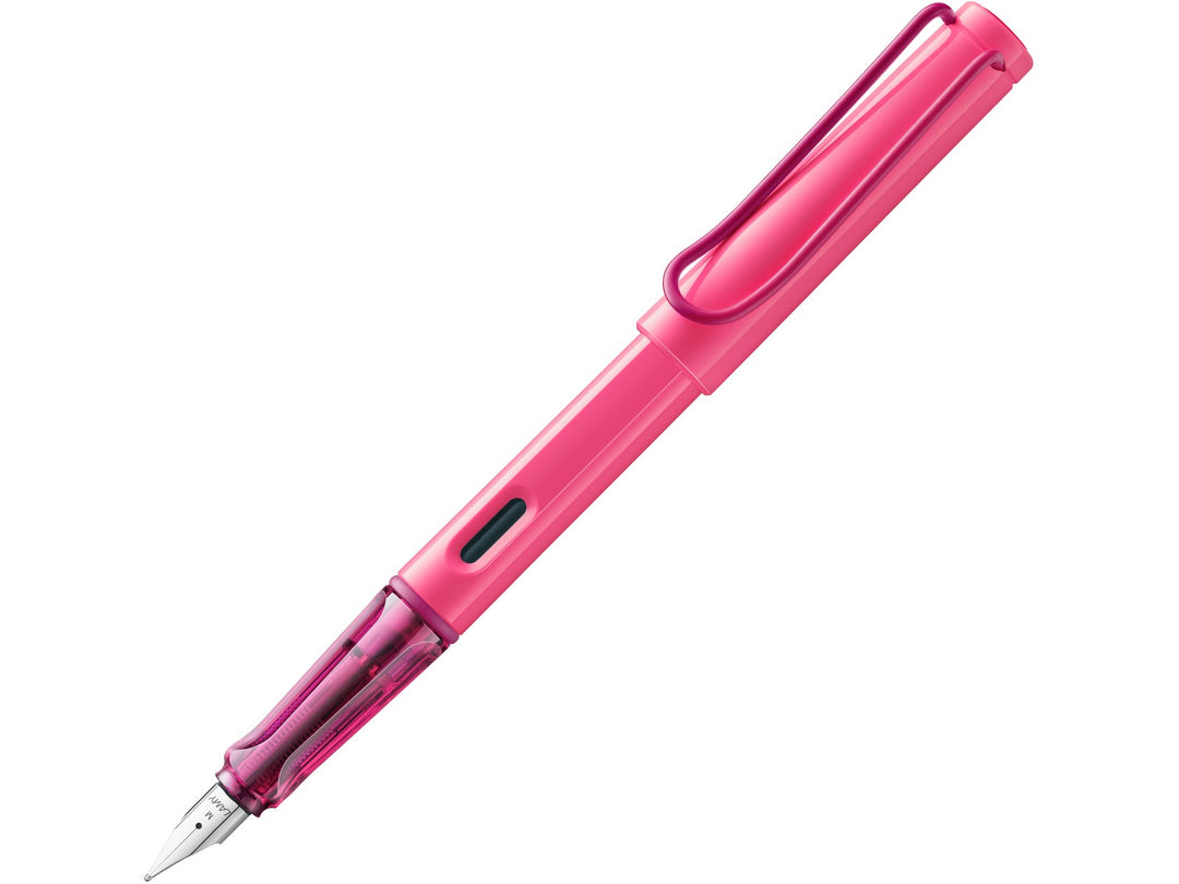 LAMY safari neon pink fountain pen featuring stainless steel nib, ergonomic grip section and wire clip