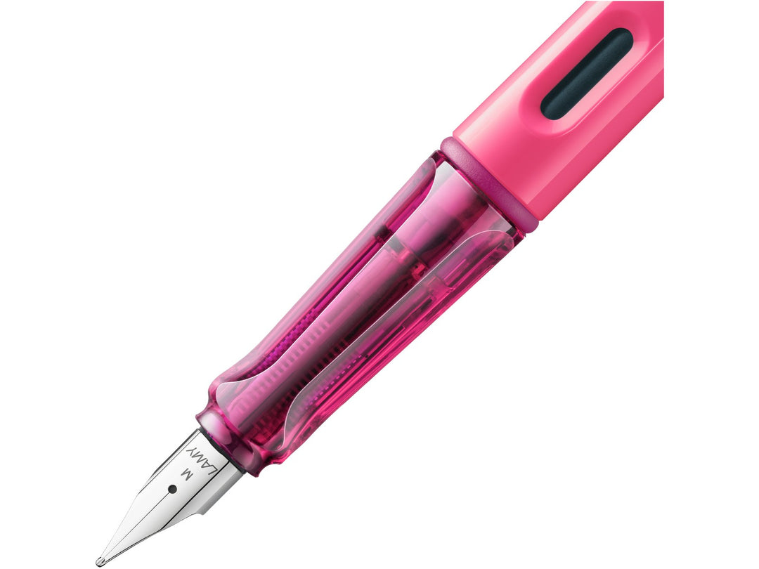LAMY safari fountain pen Neon Pink close-up of stainless steel nib, ergonomic grip and ink level window