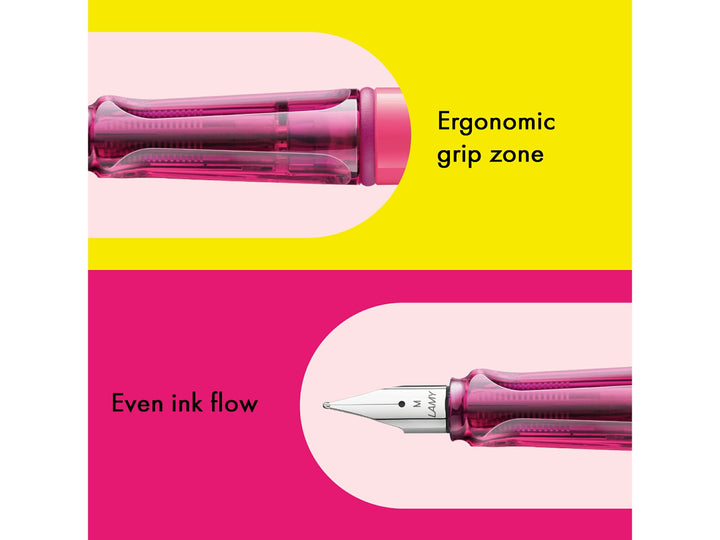 LAMY safari neon pink fountain pen features including ergonomic grip zone, stainless steel nib and smooth ink flow performance