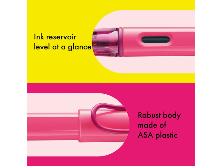 LAMY safari fountain pen Neon Pink features including ink level window, ASA plastic body and signature wire pocket clip