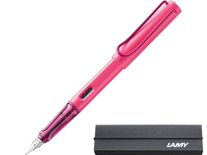 LAMY safari neon pink fountain pen with stainless steel nib, ink window and branded LAMY gift box