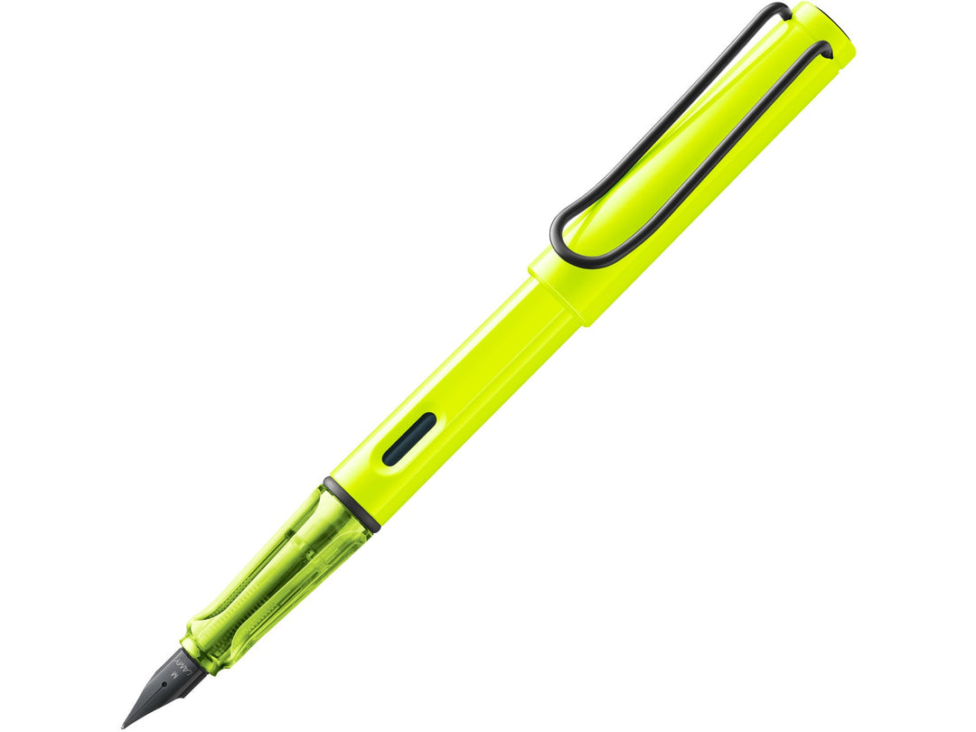LAMY safari neon yellow fountain pen featuring black stainless steel nib, ergonomic grip section and wire clip