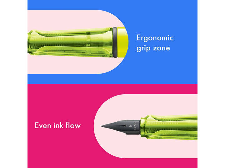 LAMY safari neon yellow fountain pen features including ergonomic grip zone, black stainless steel nib and smooth ink flow performance