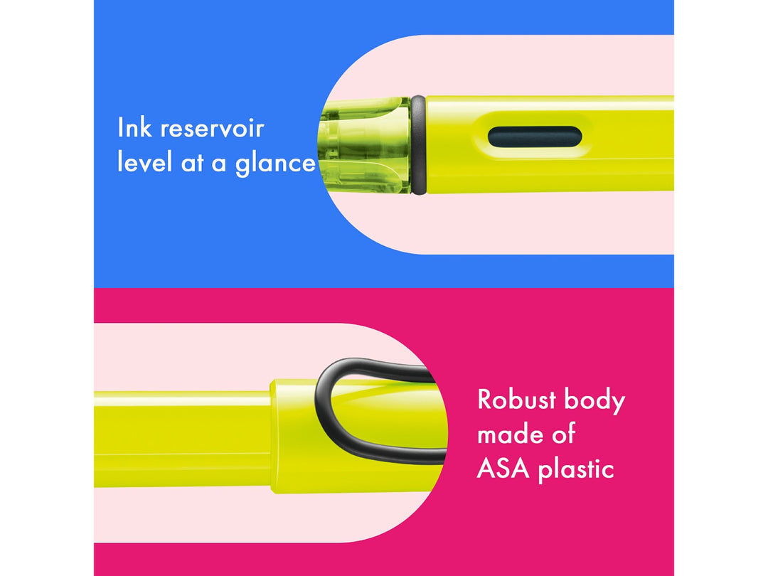 LAMY safari fountain pen Neon Yellow features including ink level window, ASA plastic body and signature wire pocket clip