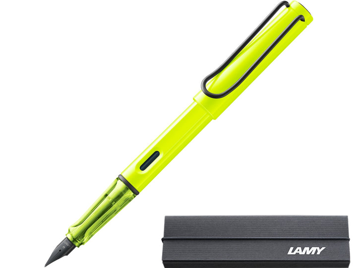 LAMY safari neon yellow fountain pen with black stainless steel nib, ink window and branded LAMY gift box