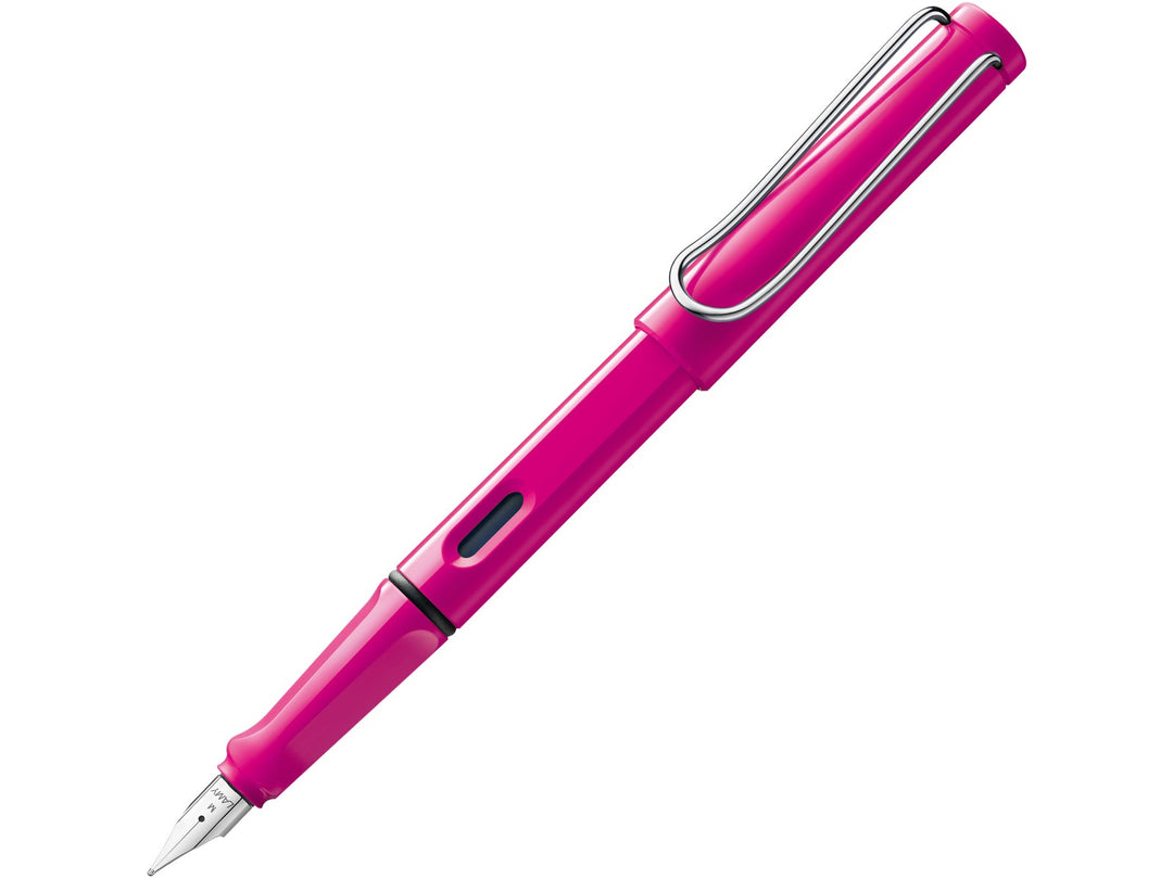 LAMY safari pink fountain pen featuring stainless steel nib, ergonomic grip section and wire clip