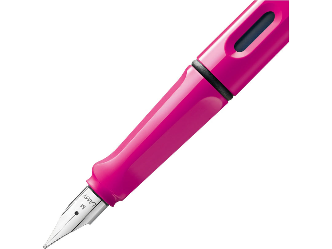 LAMY safari fountain pen Pink close-up of stainless steel nib, ergonomic grip and ink level window