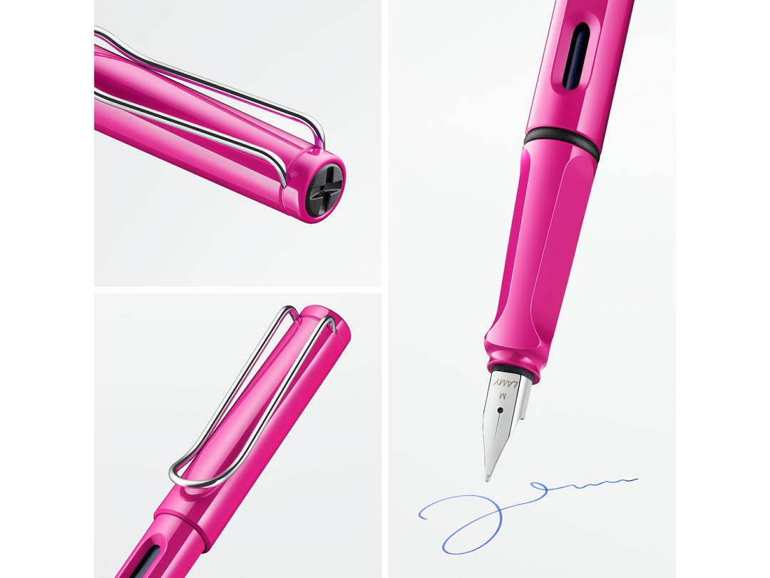 LAMY safari pink fountain pen feature collage highlighting stainless steel nib, ergonomic grip, ink level window and signature wire clip
