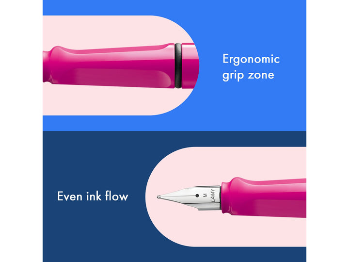 LAMY safari pink fountain pen features including ergonomic grip zone, stainless steel nib and smooth ink flow performance